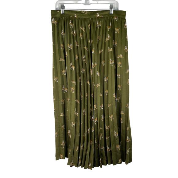 Zara Olive Green Tiger Print Pleated Satin Maxi Skirt Women's Size XL - Picture 1 of 9